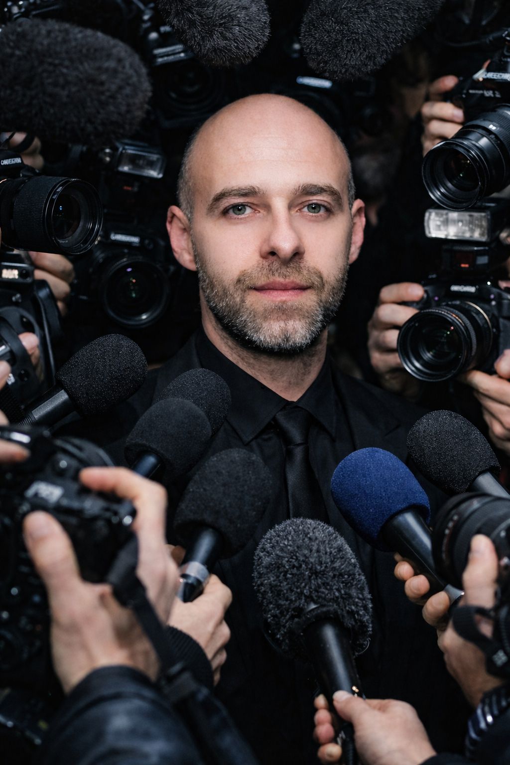 Public figure surrounded by paparazzi cameras and microphones in London