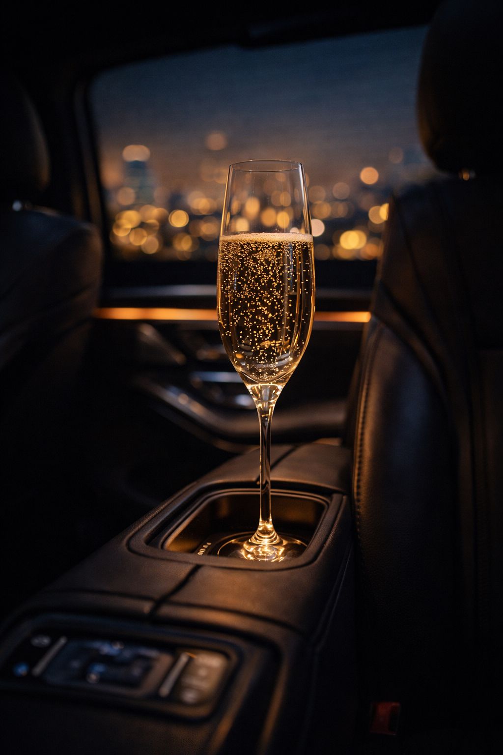 Champagne glass in luxury car interior with London city lights bokeh
