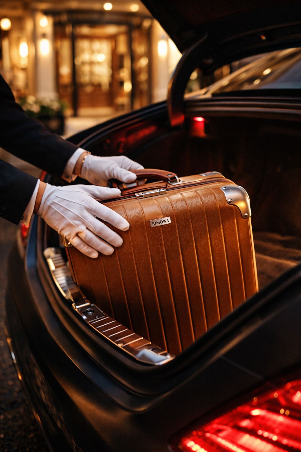 White-gloved chauffeur handling Rimowa luggage with care