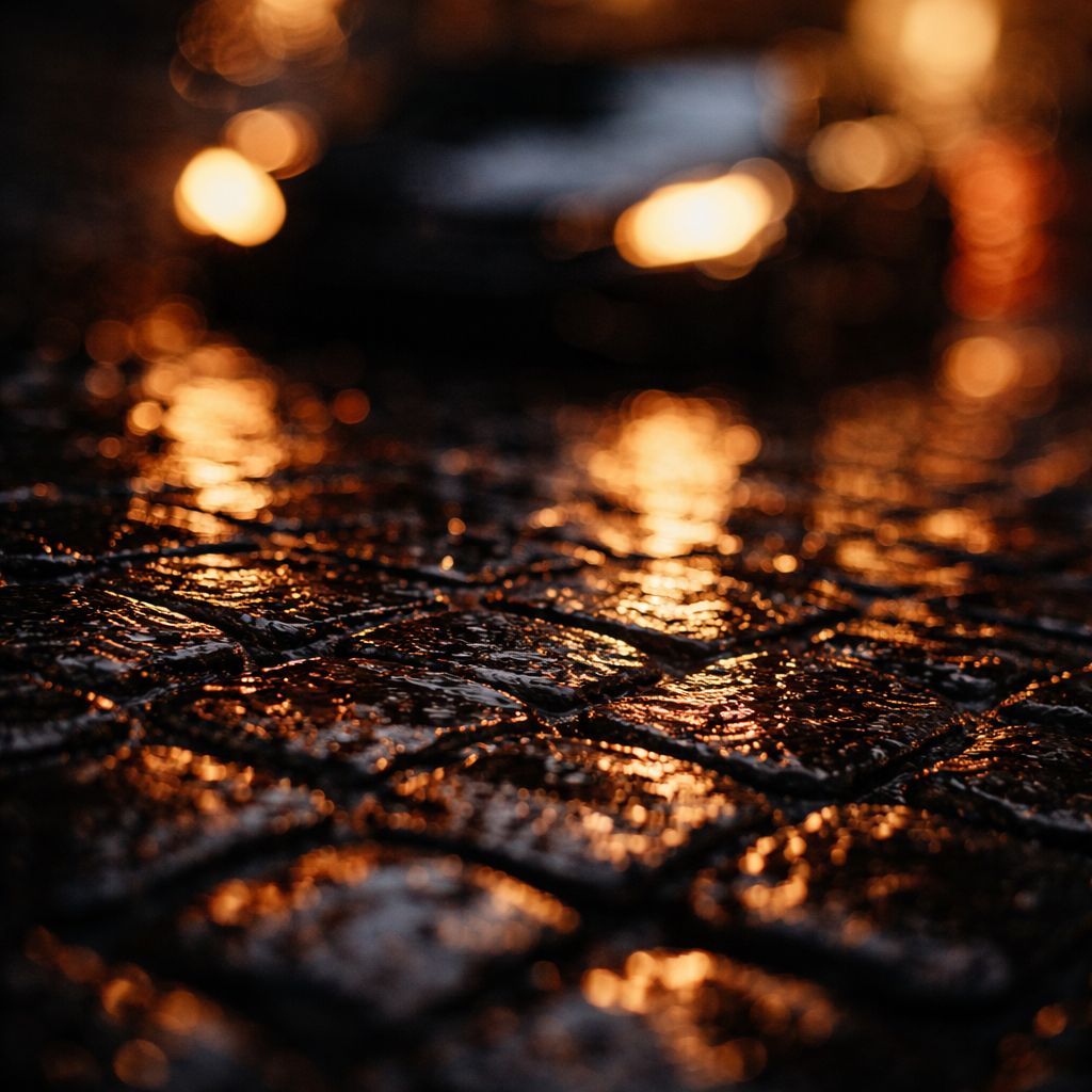 Rain-soaked London cobblestones at night with golden light reflections