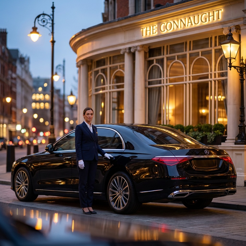 Female chauffeur standing by Mercedes S-Class outside The Connaught hotel Mayfair