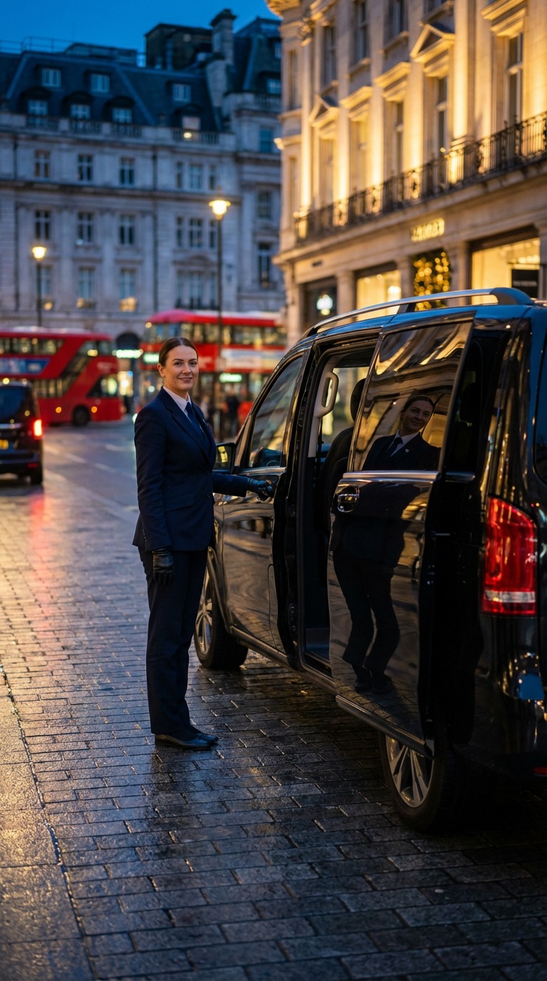 Professional female chauffeur opening Mercedes V-Class door on Regent Street London