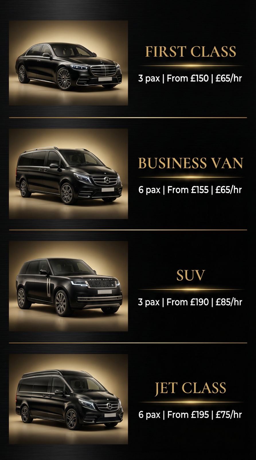 Klass Chauffeur fleet pricing card showing First Class, Business Van, SUV, and Jet Class options with gold detailing