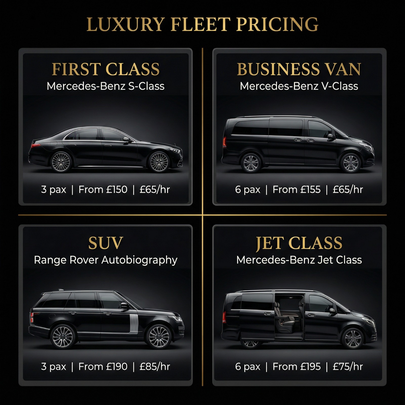 Klass Chauffeur luxury fleet pricing showing Mercedes S-Class, V-Class, Range Rover, and Jet Class vehicles