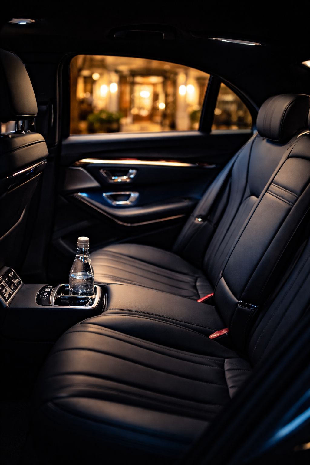 Luxury Mercedes backseat interior with premium leather and ambient lighting
