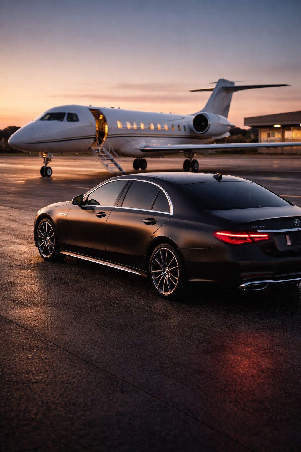 Black Mercedes S-Class beside private jet at sunset