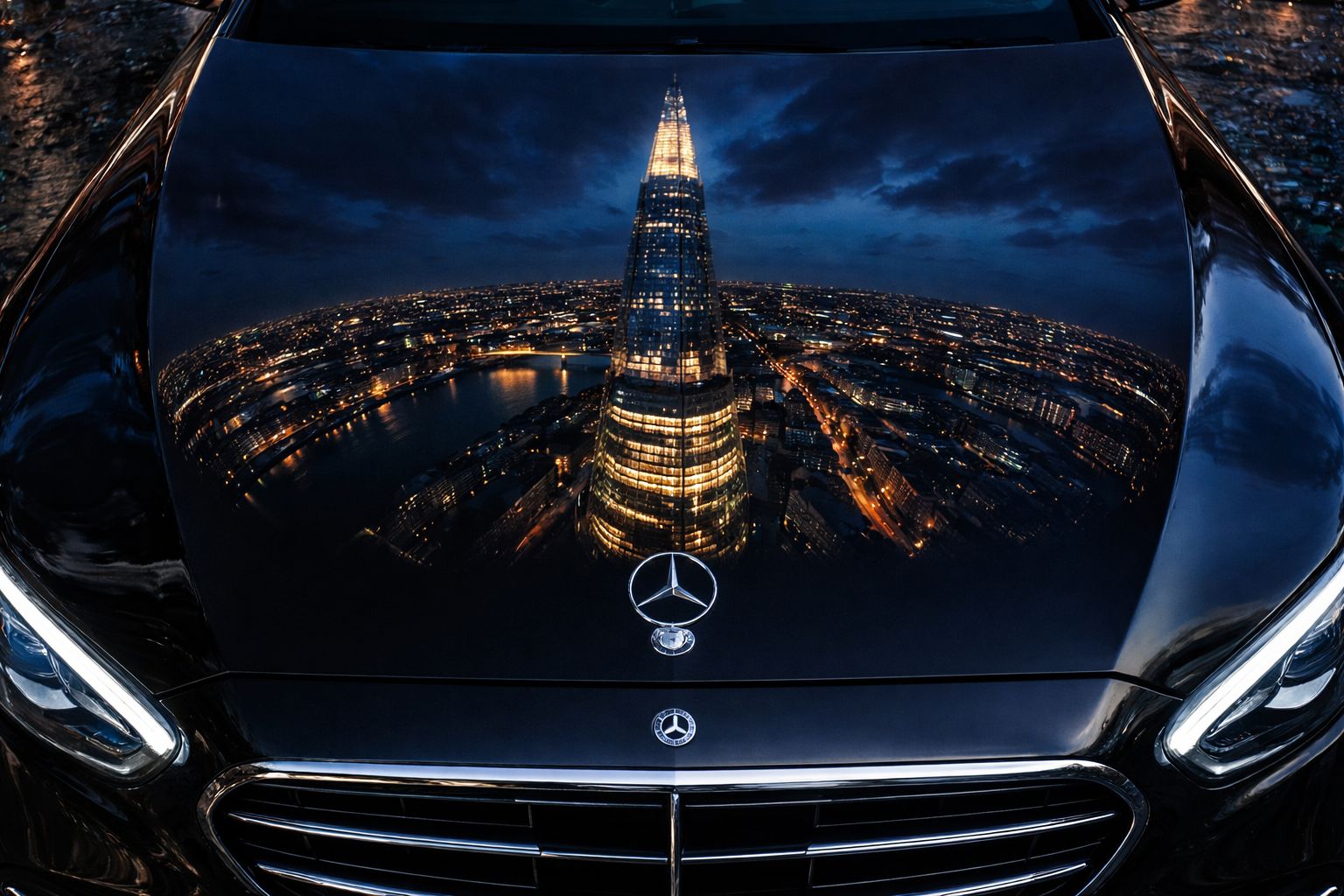 Mercedes-Benz hood reflecting The Shard London skyline at night
