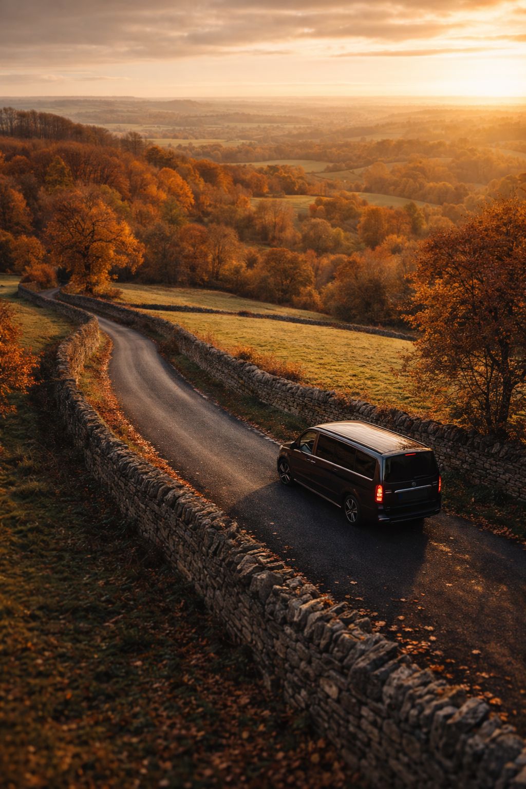 Mercedes V-Class driving through British countryside at golden sunset